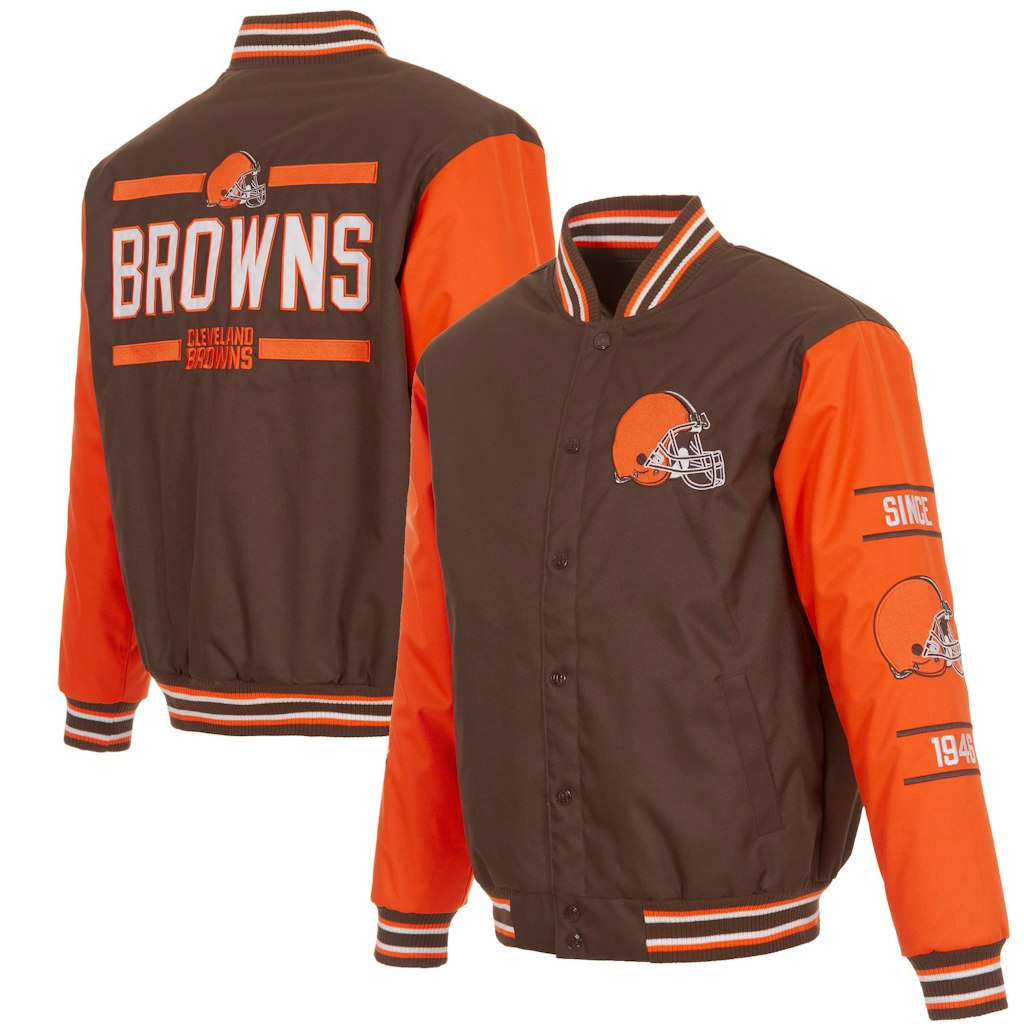 JH Design Cleveland Browns 3-Hit Full-Snap Jacket: $131.24 JH Design Cleveland Browns 3-Hit Full-Snap Jacket: $131.24