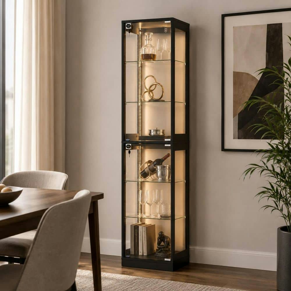 Black Wood 6-Shelf Pantry and Glass Display Cabinet: $229.99 Black Wood 6-Shelf Pantry and Glass Display Cabinet: $229.99