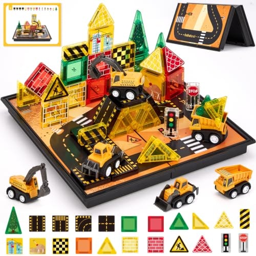 Hahaland Magnetic Tiles Construction Toy Set with Engineering Cars: $24.99