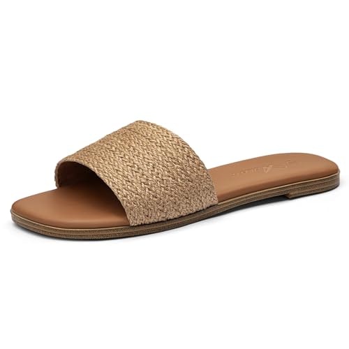 Athlefit Brown Raffia Square Toe Flat Slide Sandals: $27.98 Athlefit Brown Raffia Square Toe Flat Slide Sandals: $27.98