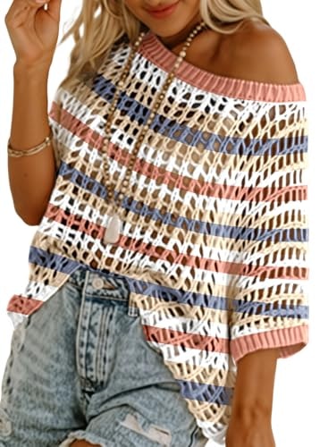 Dokotoo Women's Short Sleeve Striped Crochet Knit Pullover Top: $26.37 Dokotoo Women's Short Sleeve Striped Crochet Knit Pullover Top: $26.37