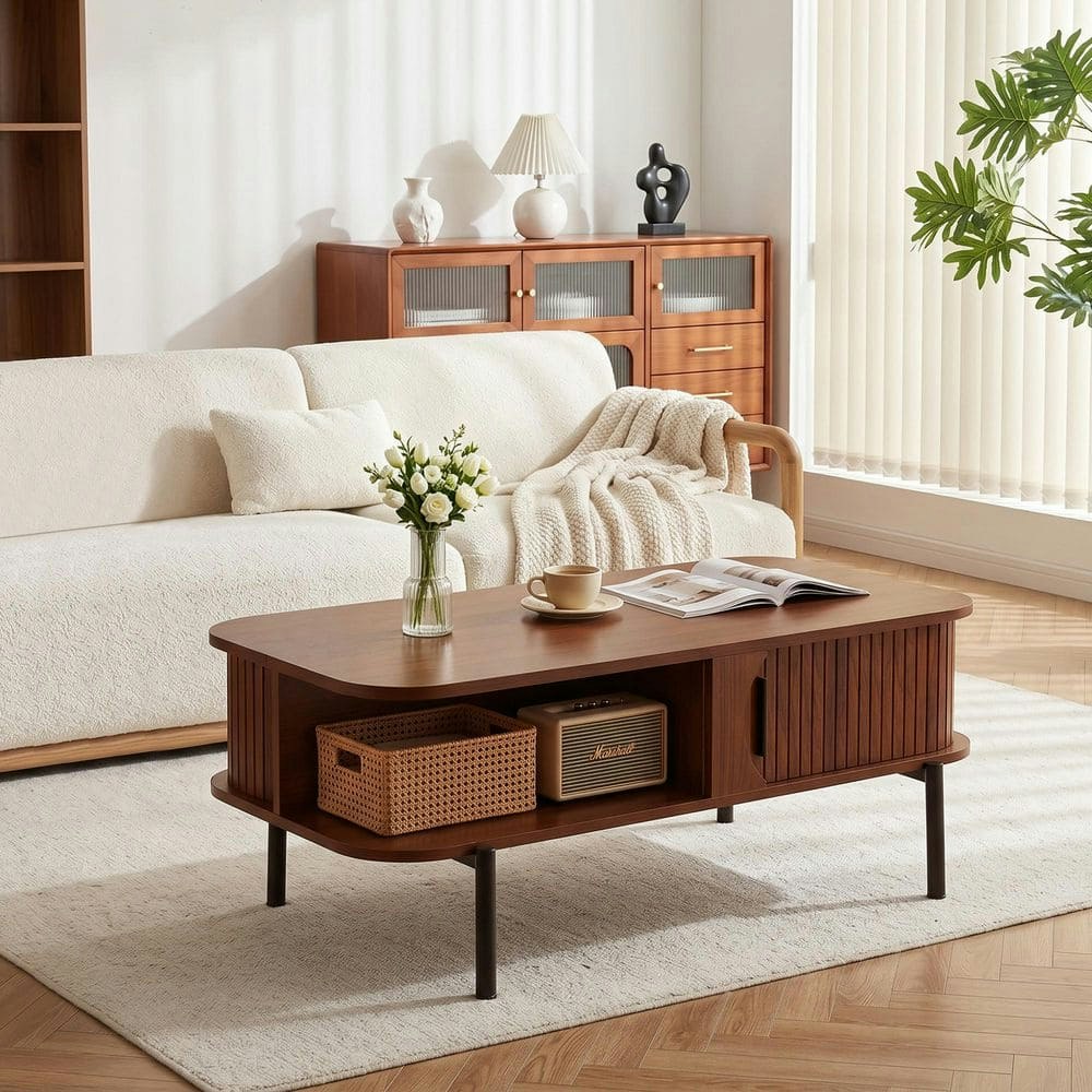Walnut Brown Rectangle MDF Coffee Table with Sliding Fluted Door: $94.44 Walnut Brown Rectangle MDF Coffee Table with Sliding Fluted Door: $94.44