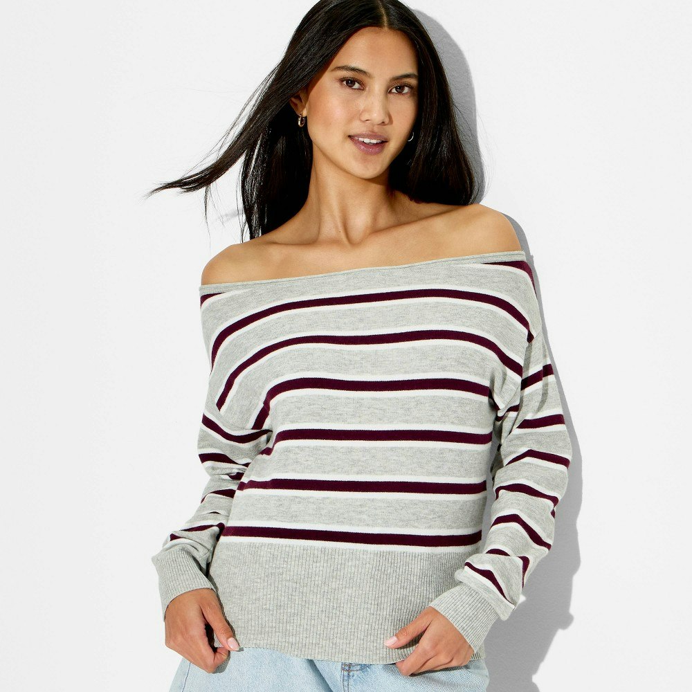 Wild Fable Women's Off-the-Shoulder Banded Striped Pullover Sweater: $30 Wild Fable Women's Off-the-Shoulder Banded Striped Pullover Sweater: $30