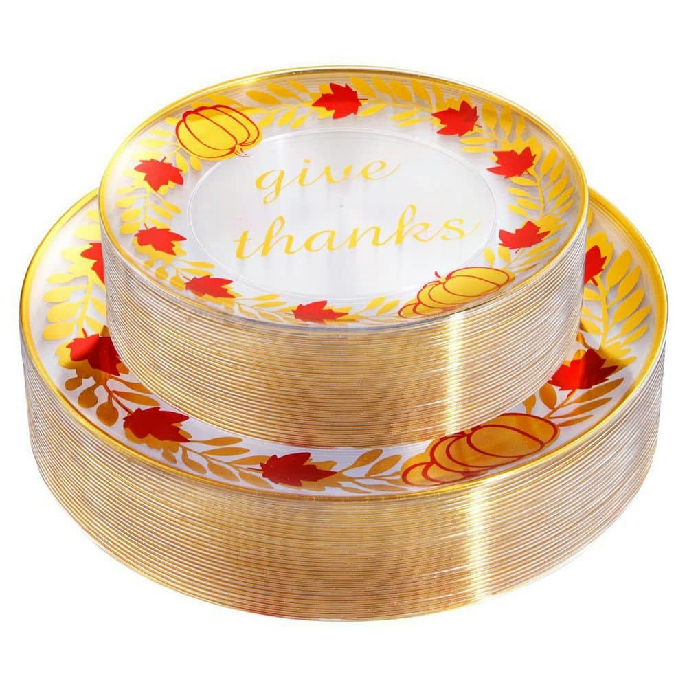 Clear and Gold Striped Plastic Dinner Plates 60-Piece Set: $93.70 Clear and Gold Striped Plastic Dinner Plates 60-Piece Set: $93.70