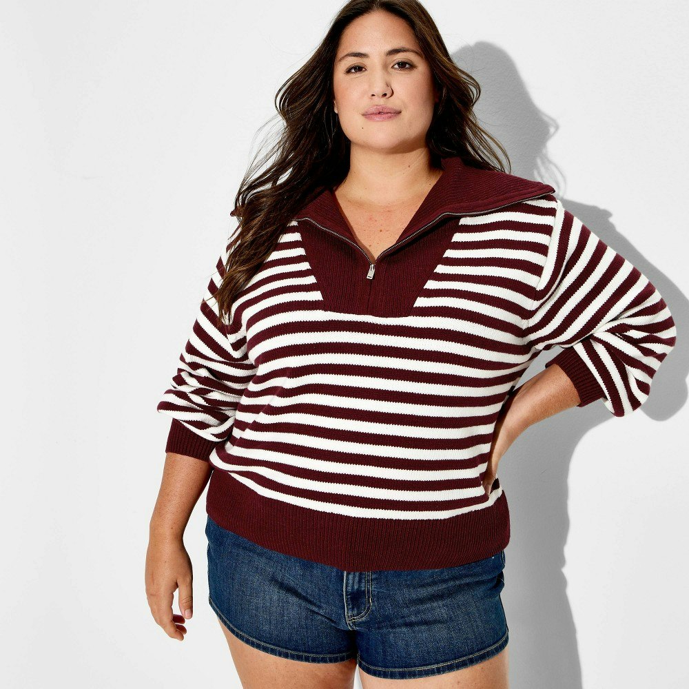 Wild Fable Women's Striped Long Sleeve Quarter-Zip Polo Sweater: $35