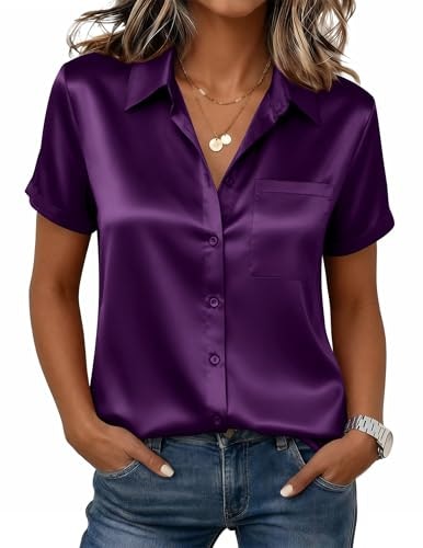Zeagoo Women's Satin Short Sleeve Button-Down Shirt: $14.02