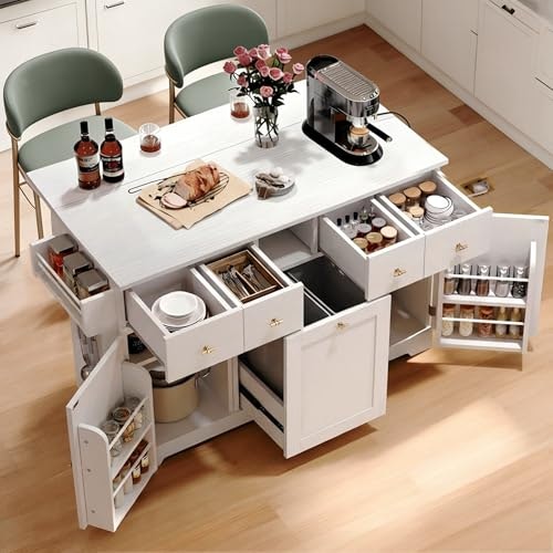 Yitahome 59-Inch Rolling Kitchen Island with Drop Leaf and Trash Bin Storage: $296.99