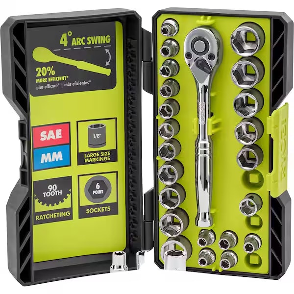 Ryobi 26-Piece 1/4" Drive SAE / Metric Ratchet & Socket Set: $20