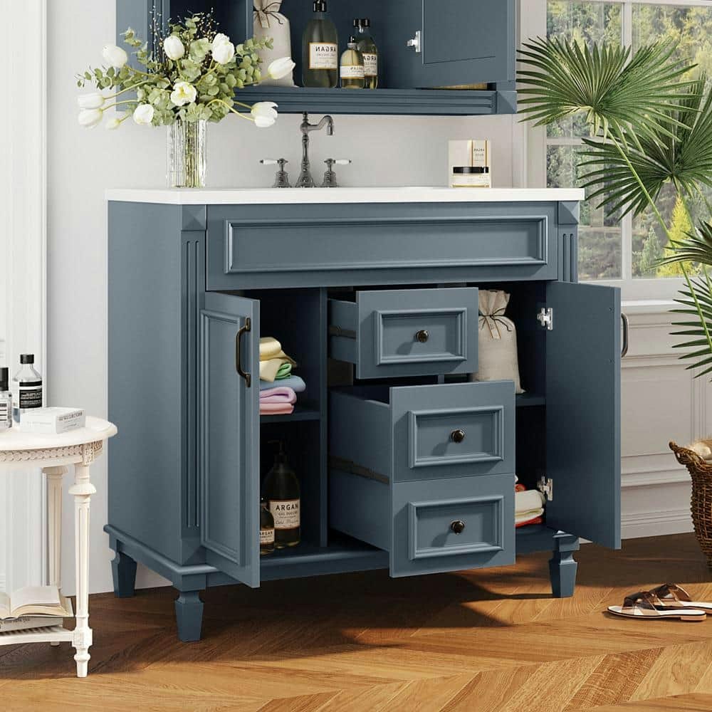 35-Inch Blue Freestanding Bath Vanity with White Ceramic Top: $663.99 35-Inch Blue Freestanding Bath Vanity with White Ceramic Top: $663.99