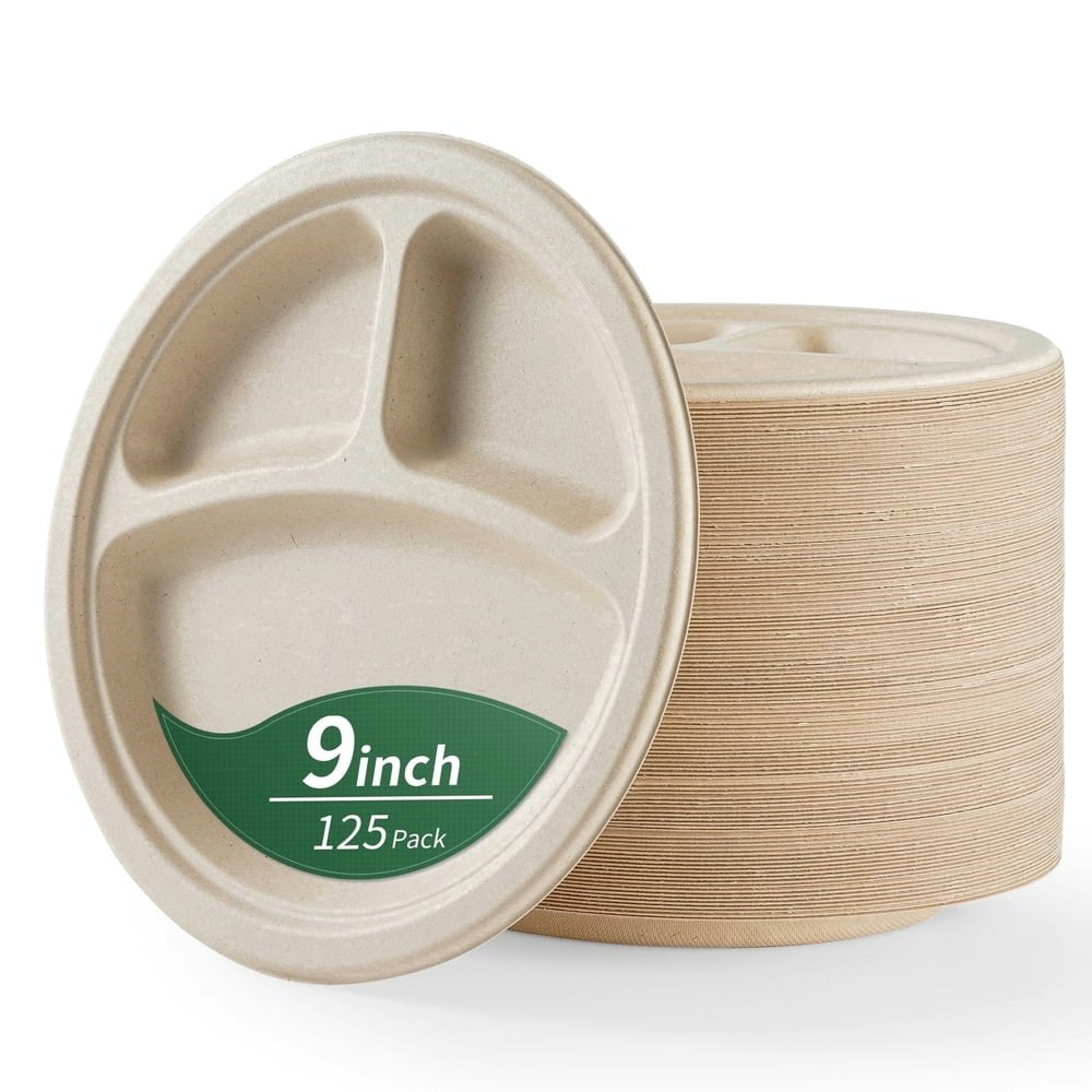 GPED 9-Inch 3-Compartment Sugarcane Bagasse Plates 125-Pack: $19.79 GPED 9-Inch 3-Compartment Sugarcane Bagasse Plates 125-Pack: $19.79