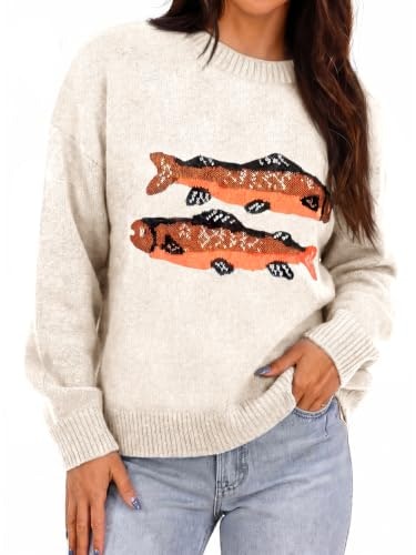 Flowyair Women's Fish Graphic Knit Crew Neck Pullover: $28.48