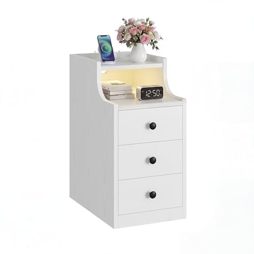Likimio Narrow Nightstand with Charging Station and LED Lights: $75.97