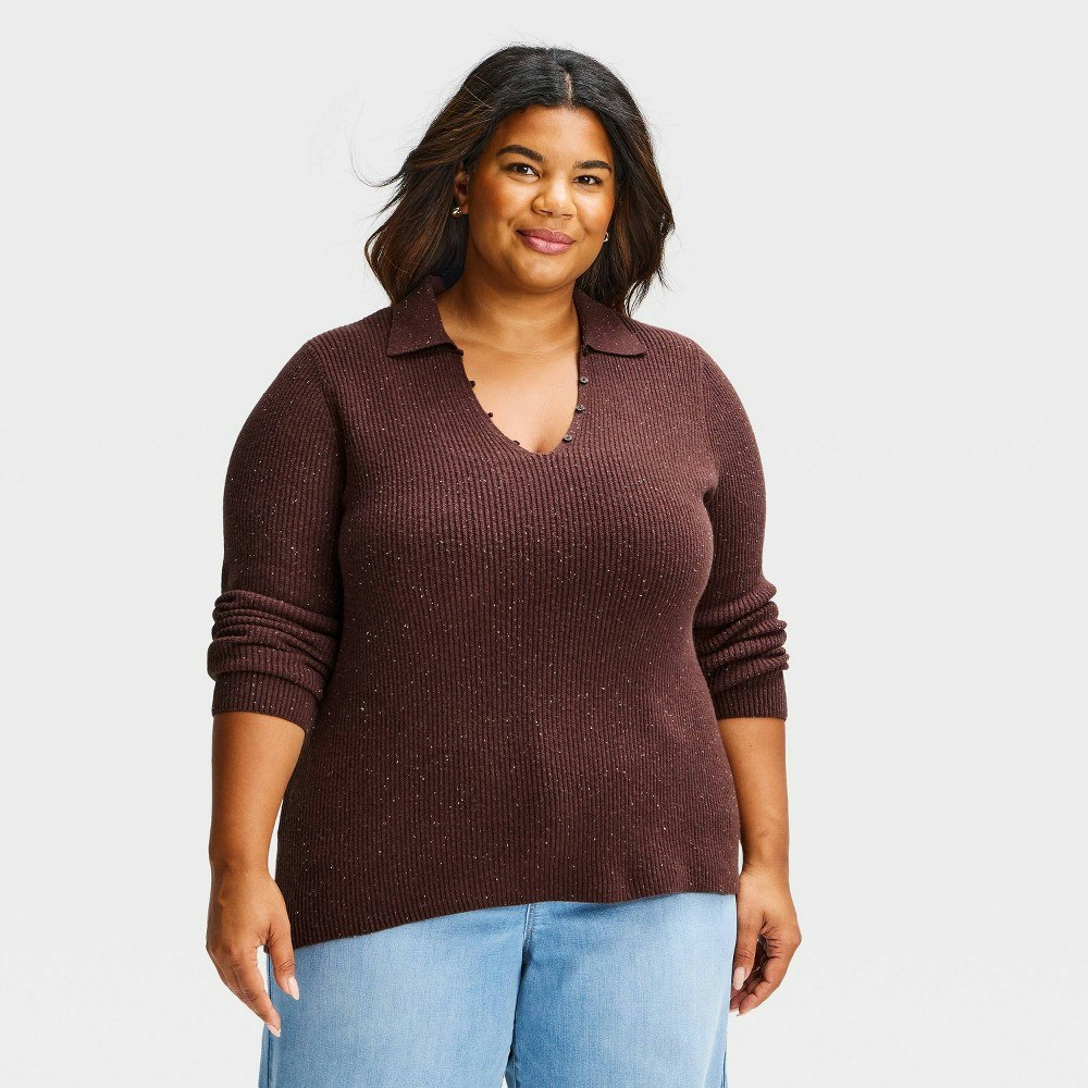 Ava & Viv Women's Plus Long Sleeve Ribbed Polo Sweater: $30 Ava & Viv Women's Plus Long Sleeve Ribbed Polo Sweater: $30