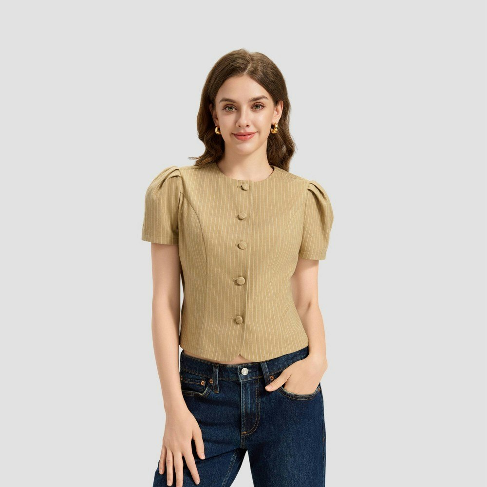 Women's Puff Short Sleeve Button-Front Blouse: $25.20 Women's Puff Short Sleeve Button-Front Blouse: $25.20