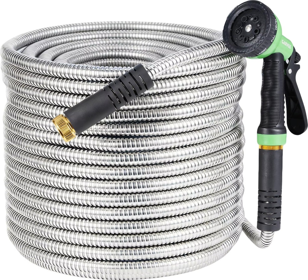 HiMiss 50-Foot Stainless Steel Kink-Free Garden Hose w/ 10-Function Spray Nozzle: $28