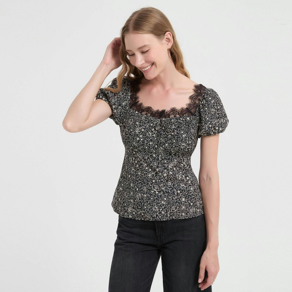 Women's Balloon Short Sleeve Lace Trim Sweetheart Neck Top: $22.40 Women's Balloon Short Sleeve Lace Trim Sweetheart Neck Top: $22.40