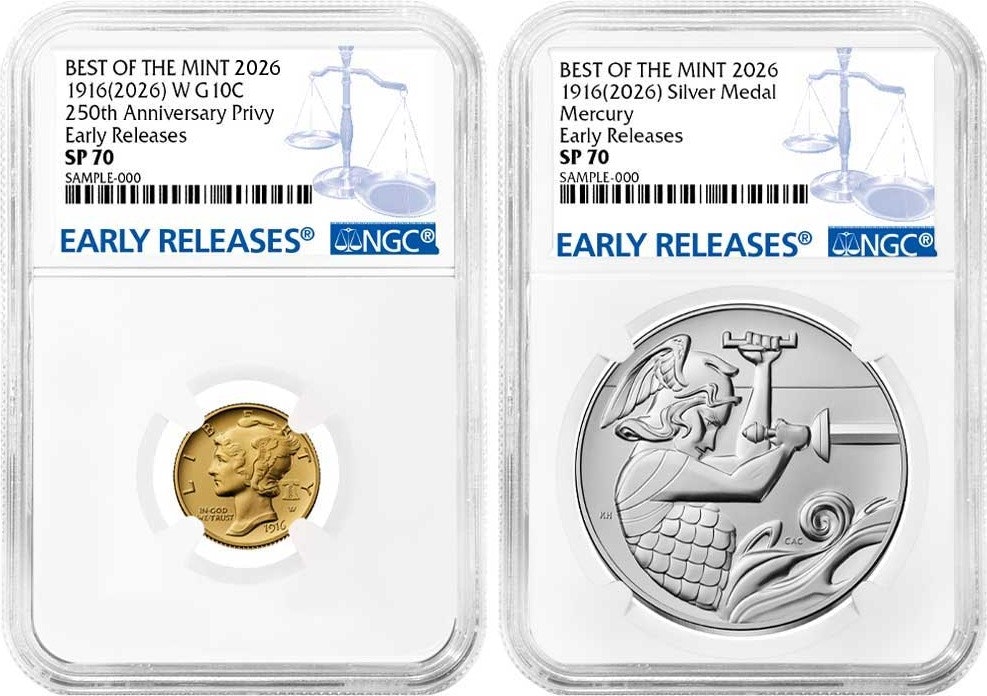 2026-W 1916 Gold Mercury Dime & Silver Medal 2pc Set NGC SP70 ER Blue Label: $970 2026-W 1916 Gold Mercury Dime & Silver Medal 2pc Set NGC SP70 ER Blue Label: $970