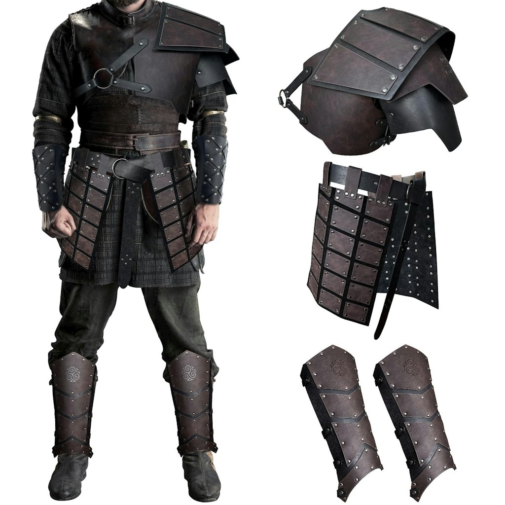 HiiFeuer Medieval Faux Leather Single Pauldron Shoulder Armor w/ Thigh & Leg Armor: $127