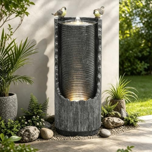 32-Inch Faux Stone Outdoor Water Fountain with LED Lights: $155.36 32-Inch Faux Stone Outdoor Water Fountain with LED Lights: $155.36