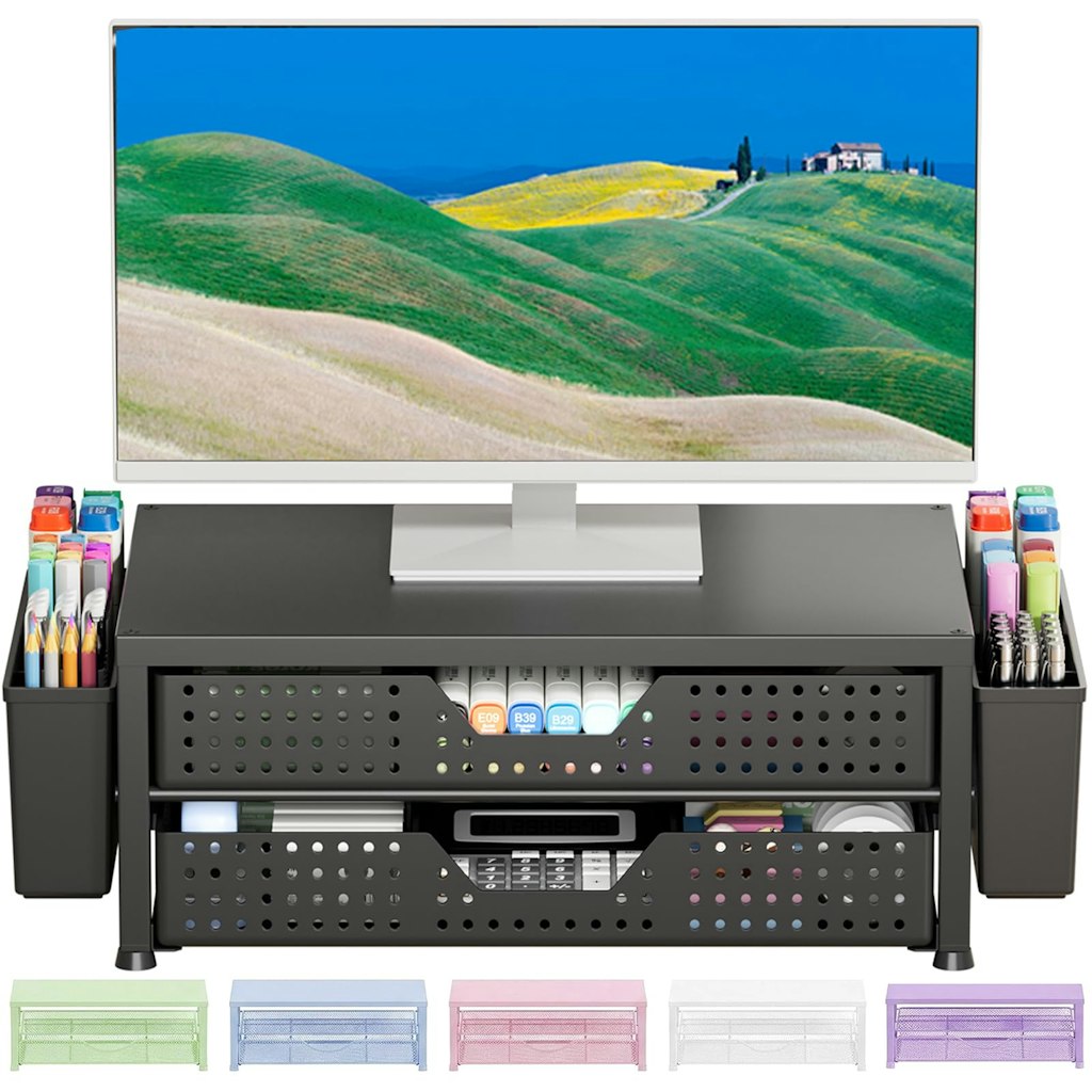 2-Tier Monitor Stand Riser w/ Drawer & Pen Holders Desk Organizer: $24