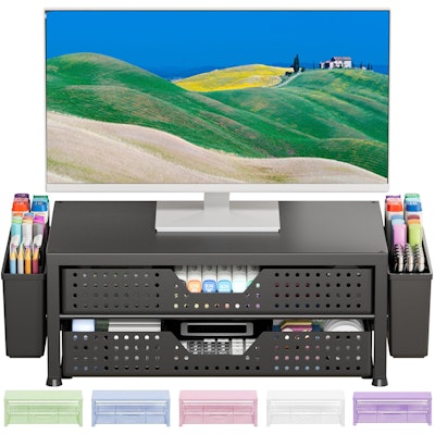 2-Tier Monitor Stand Riser w/ Drawer & Pen Holders Desk Organizer for $24 + free shipping w/ Prime