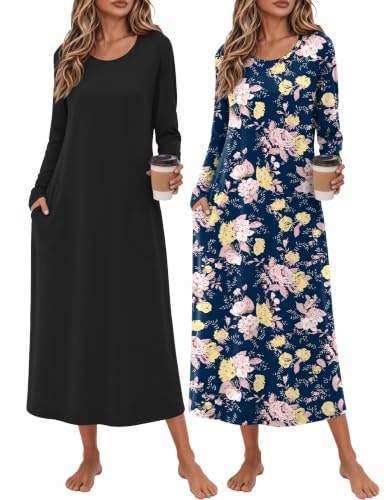 Ekouaer Women's Long Sleeve Maxi Nightgown 2-Pack: $27.98 Ekouaer Women's Long Sleeve Maxi Nightgown 2-Pack: $27.98
