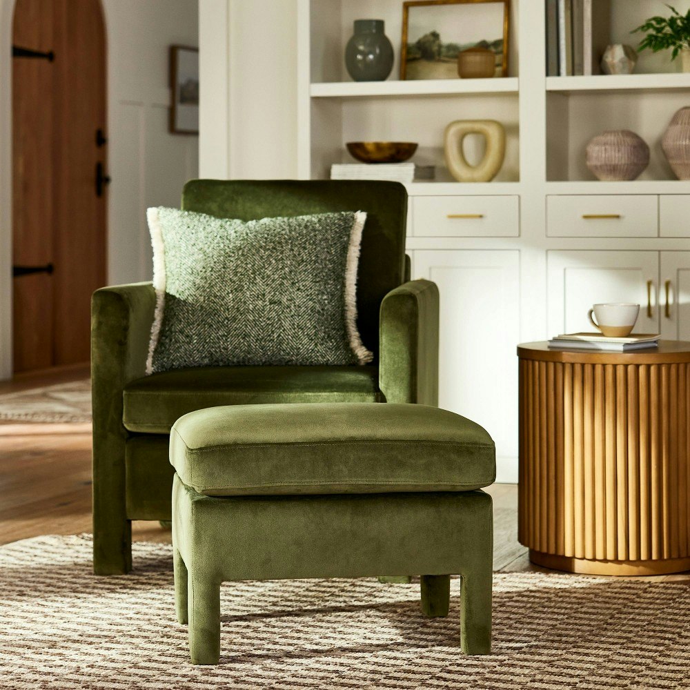 Bellfield Velvet Upholstered Ottoman: $100