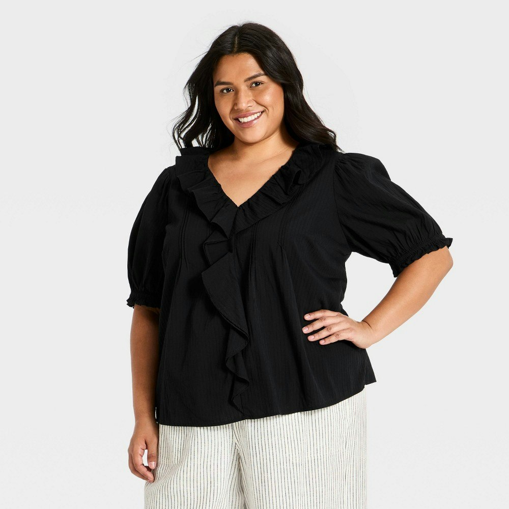 Ava & Viv Women's Plus Short Puff Sleeve Ruffle V-Neck Top: $28