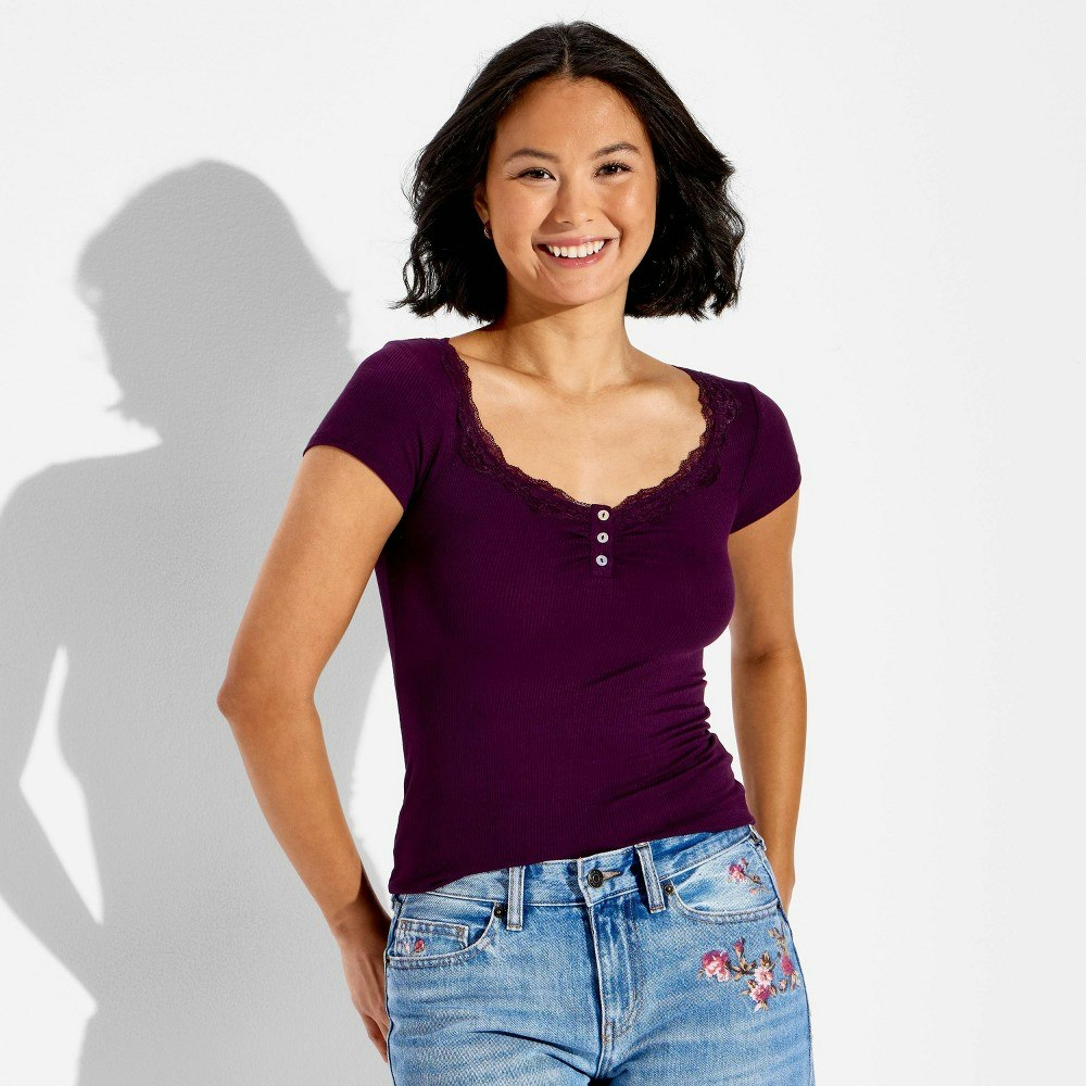 Wild Fable Women's Lace Trim Short Cap Sleeve Henley Shirt: $15