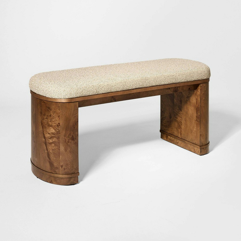 43-inch Burled Wood Upholstered Bench: $200 43-inch Burled Wood Upholstered Bench: $200