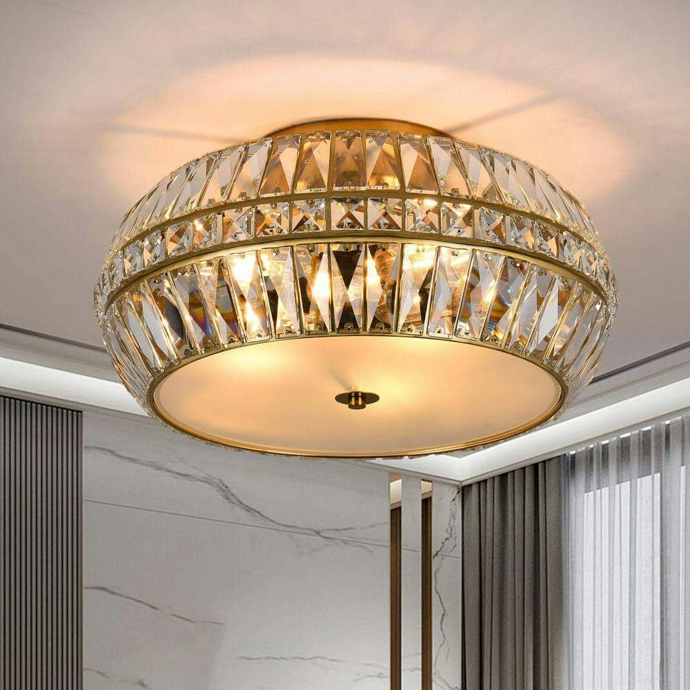 18.3-Inch 3-Light Gold Drum Crystal Semi-Flush Mount Ceiling Light: $211.99