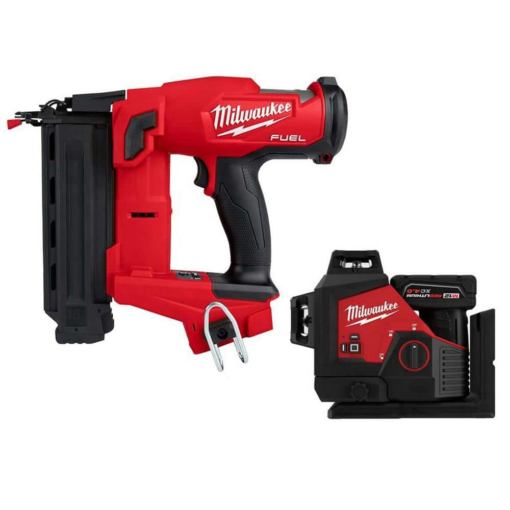 Milwaukee M18 Fuel 18-Gauge Brad Nailer and M12 250-Foot 3-Plane Laser Level Kit: $898