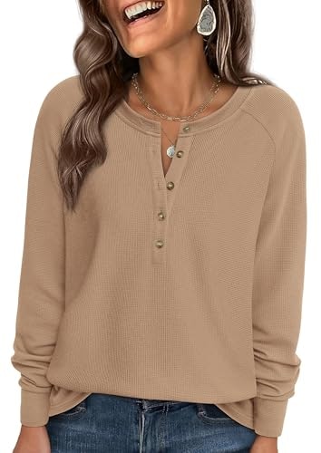 Prettygarden Women's Long Sleeve Waffle Knit Henley Tunic: $16.98