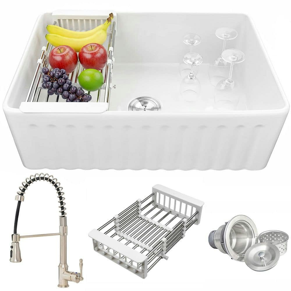 30-inch Fireclay Single Bowl Apron-Front Kitchen Sink with Faucet and Strainer: $269.99 30-inch Fireclay Single Bowl Apron-Front Kitchen Sink with Faucet and Strainer: $269.99