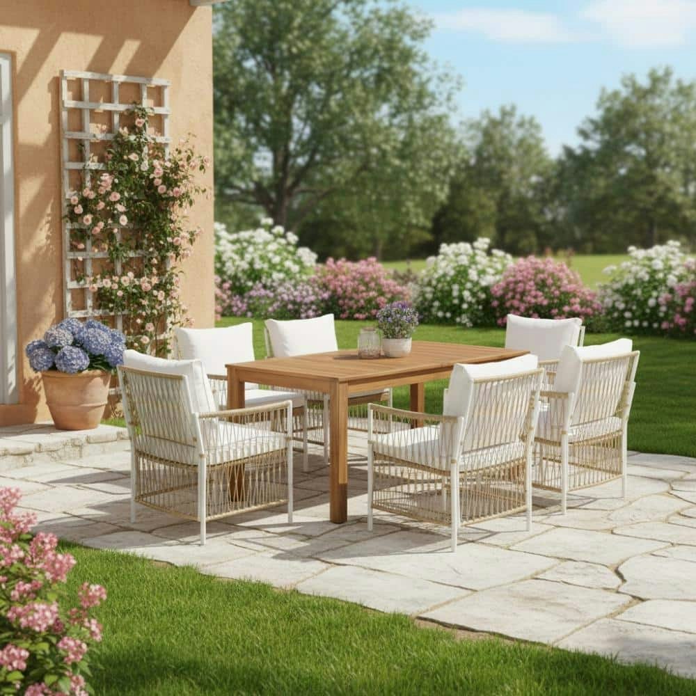 7-Piece Patio Wooden Dining Table and Rattan Chair Set: $983.44 7-Piece Patio Wooden Dining Table and Rattan Chair Set: $983.44