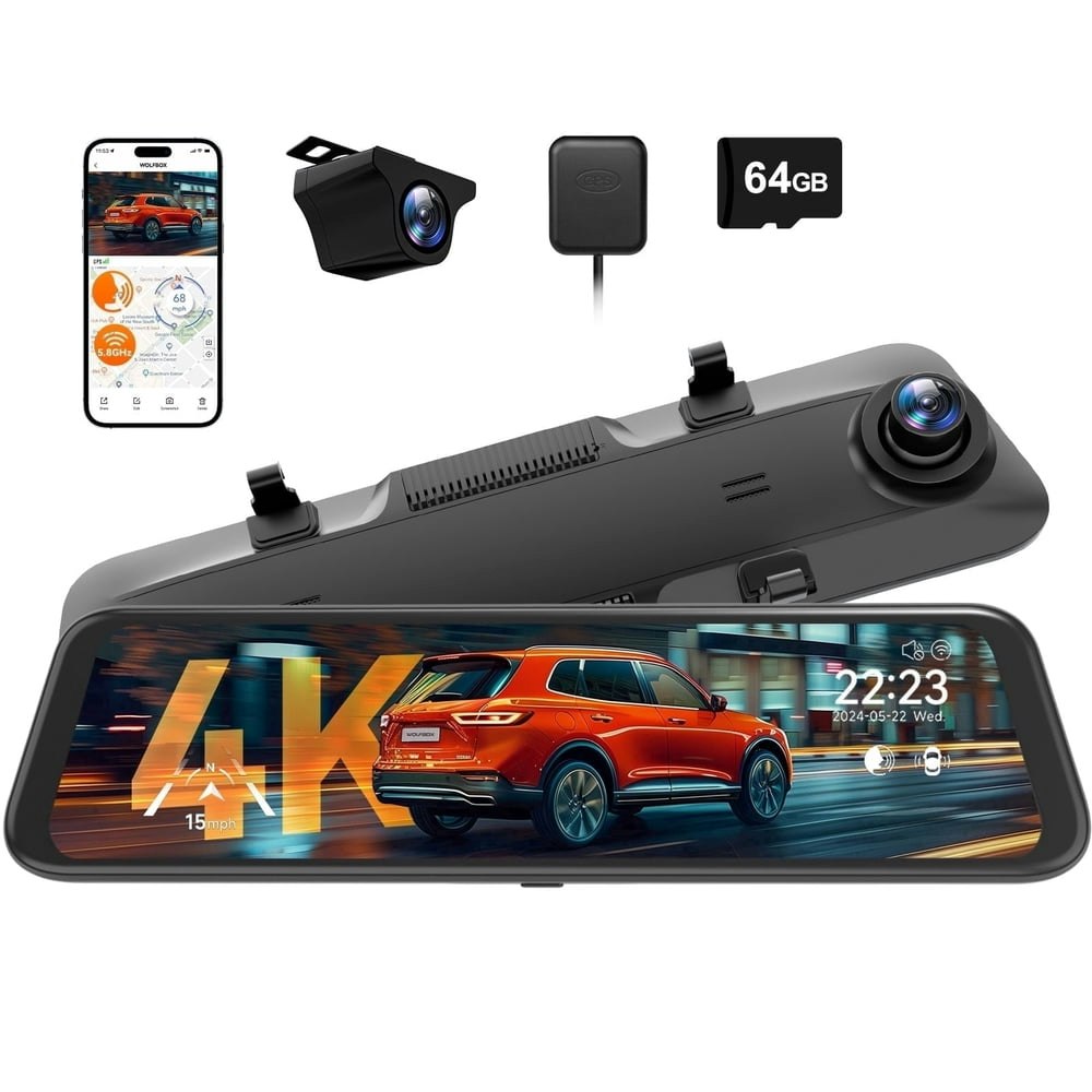 Wolfbox 12-Inch 4K Mirror Dash Cam: $167.38