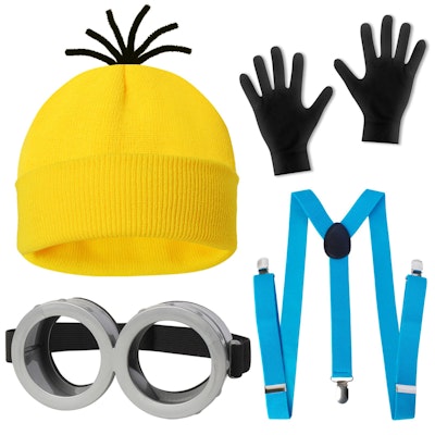 4pcYellow Costume Set w/ Hat, Goggles, Gloves & Suspenders for $10 + free shipping w/ Prime