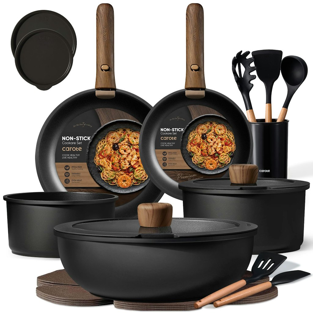 CAROTE 21-Piece Non-Stick Pots & Pans Set w/ Detachable Handles: $60
