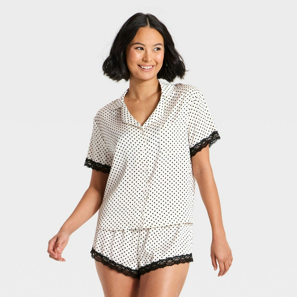 Women's Lace Trim Satin Notch Collar Pajama Set: $25 Women's Lace Trim Satin Notch Collar Pajama Set: $25