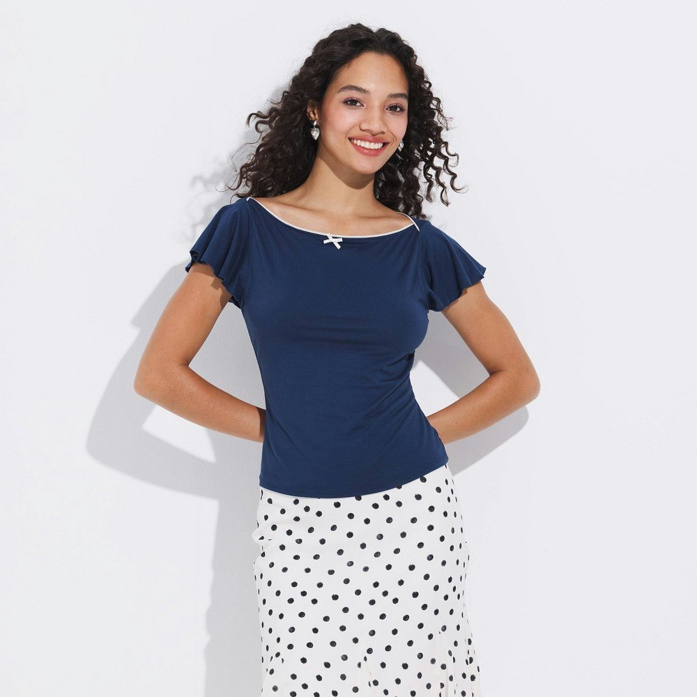Women's Flutter Short Sleeve Picot Trim Top: $18