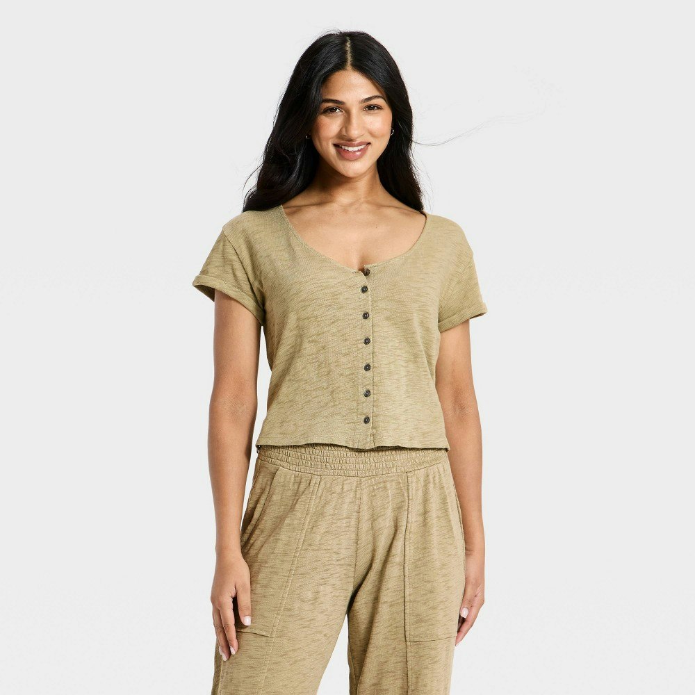 Universal Thread Women's Short Sleeve Button-Front Scoop Neck T-Shirt: $18 Universal Thread Women's Short Sleeve Button-Front Scoop Neck T-Shirt: $18