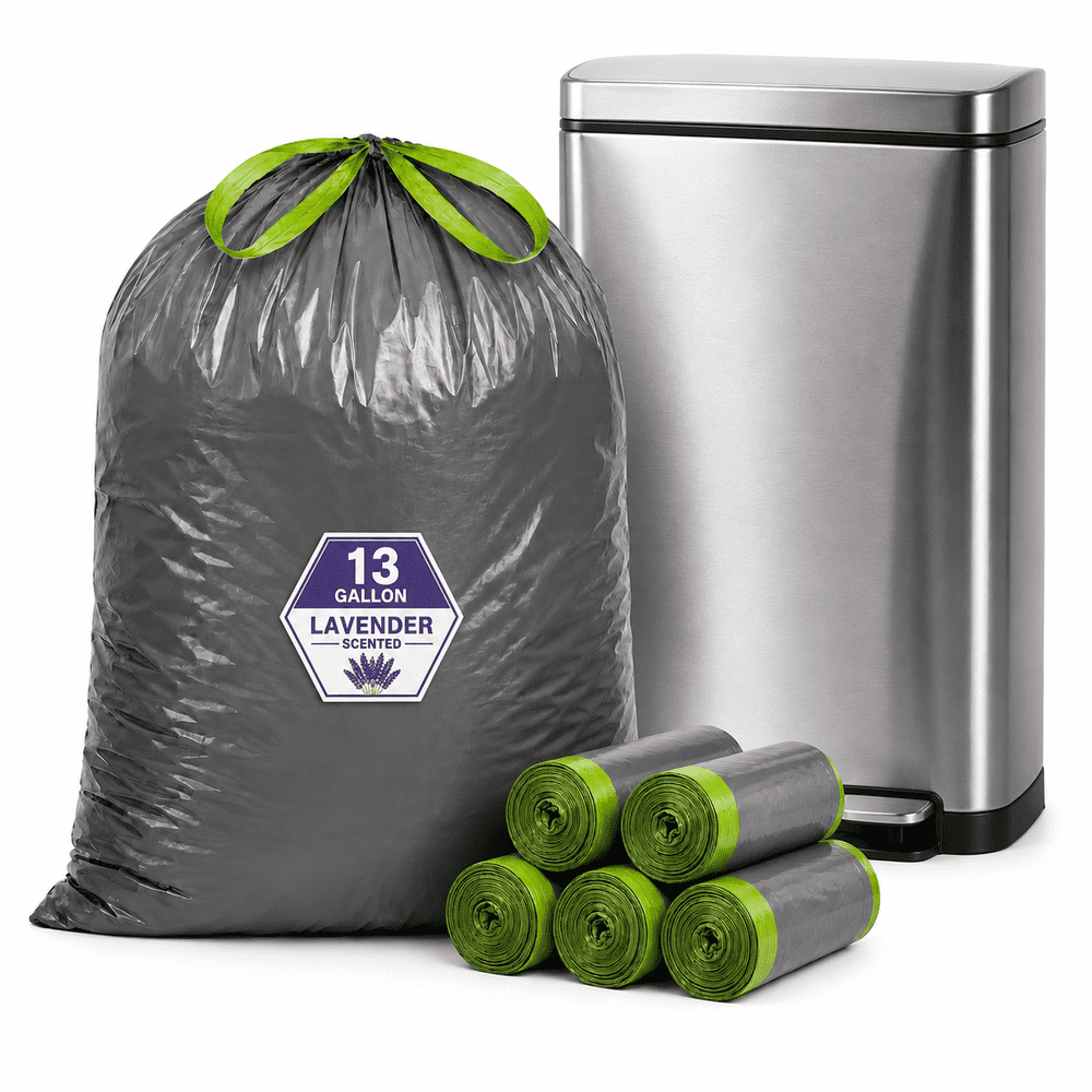 13-Gallon Lavender Scented Tall Kitchen Drawstring Trash Bags 100-Count: $18.89 13-Gallon Lavender Scented Tall Kitchen Drawstring Trash Bags 100-Count: $18.89