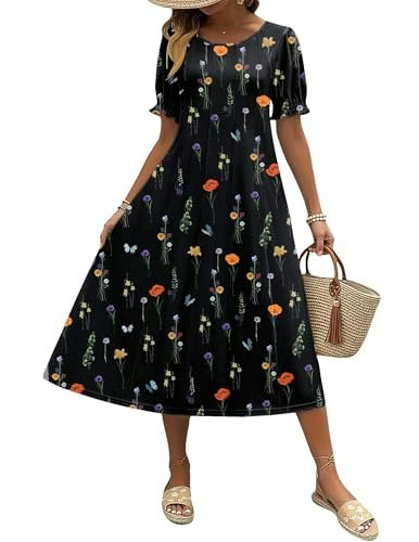 Zeagoo Women's Floral Puff Sleeve Midi Sundress: $17.97 Zeagoo Women's Floral Puff Sleeve Midi Sundress: $17.97