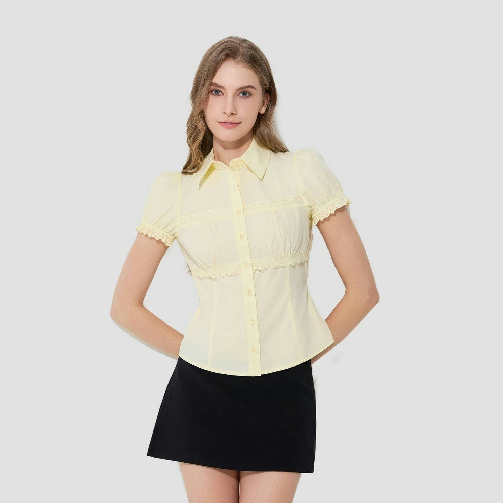 Women's Puff Short Sleeve Eyelet Lace Trim Button-Front Top: $34