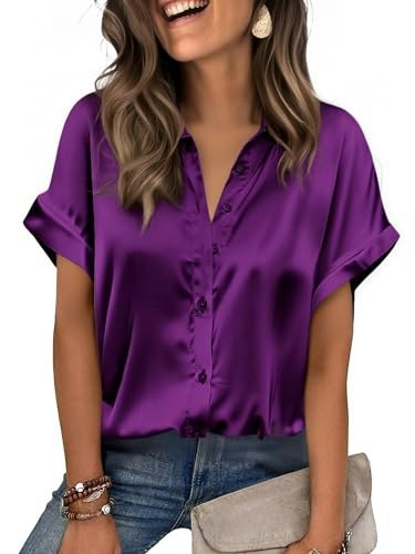 Zeagoo Women's Satin Short Sleeve Button-Down Blouse: $19.99 Zeagoo Women's Satin Short Sleeve Button-Down Blouse: $19.99