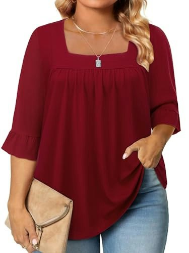 Siddhe Plus Size Women's 3/4 Sleeve Square Neck Tunic Top: $22.38