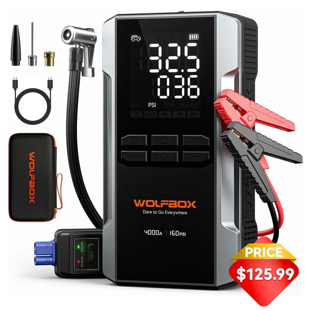 Wolfbox 4,000A Jump Starter and 160-PSI Air Compressor: $139.99