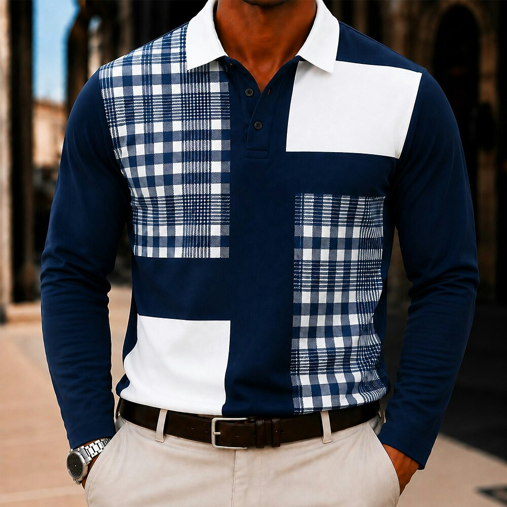 Men's Plaid Geometric Long Sleeve Polo Shirt: 2 for $11