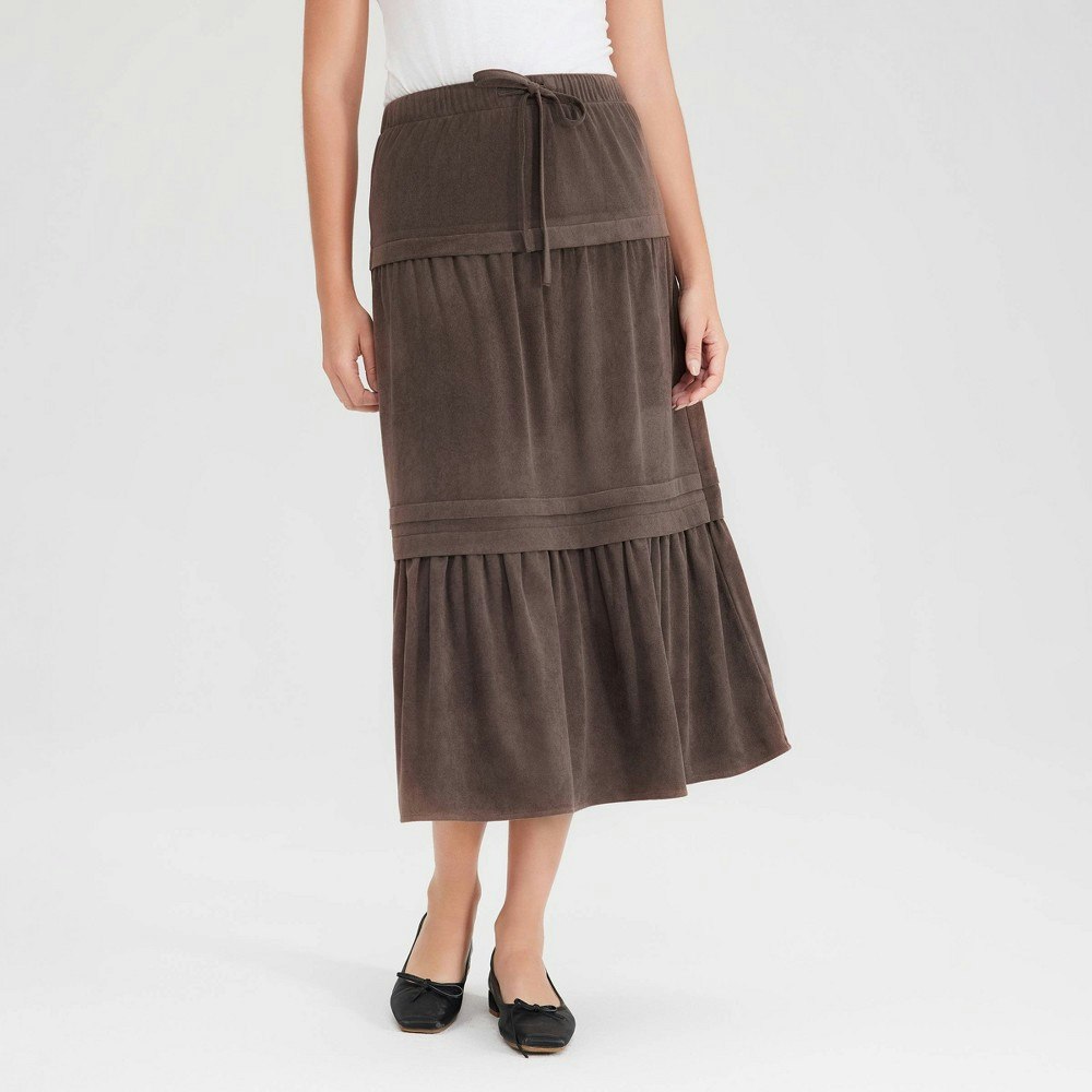 Women's Faux Suede Tiered A-Line Midi Skirt: $38