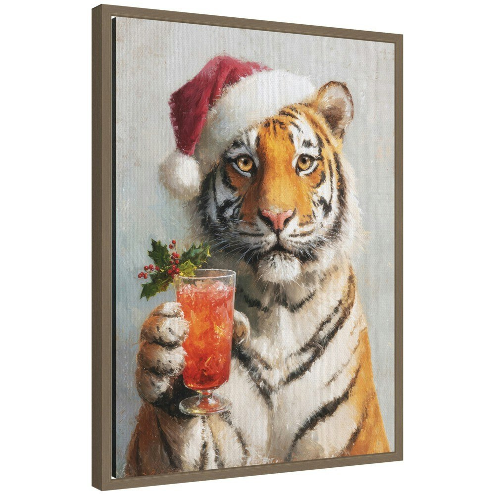 Kate & Laurel Sylvie Tiger Festive Cocktail Santa Hat Framed Canvas Art: $64.99